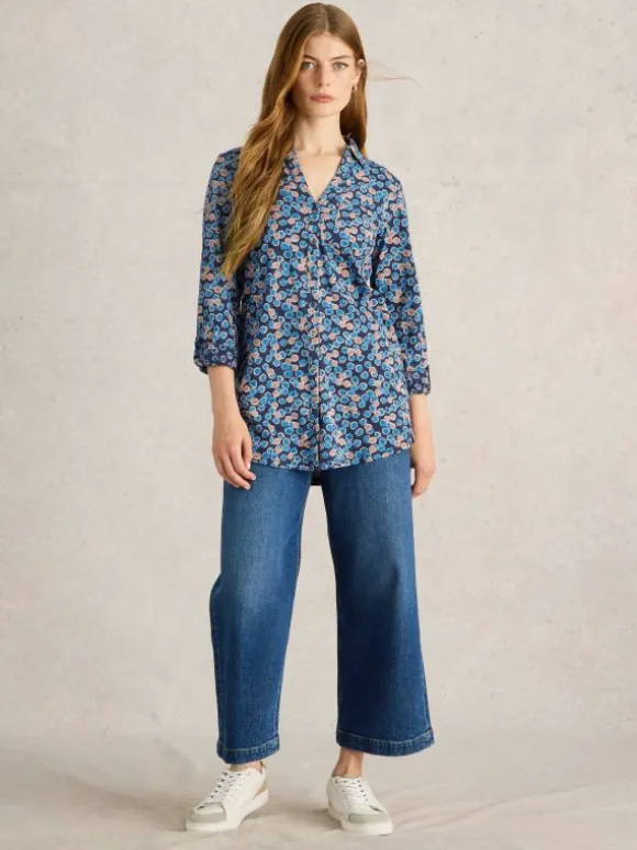 ANNIE COLLARED LONGLINE SHIRT in BLUE PRINT