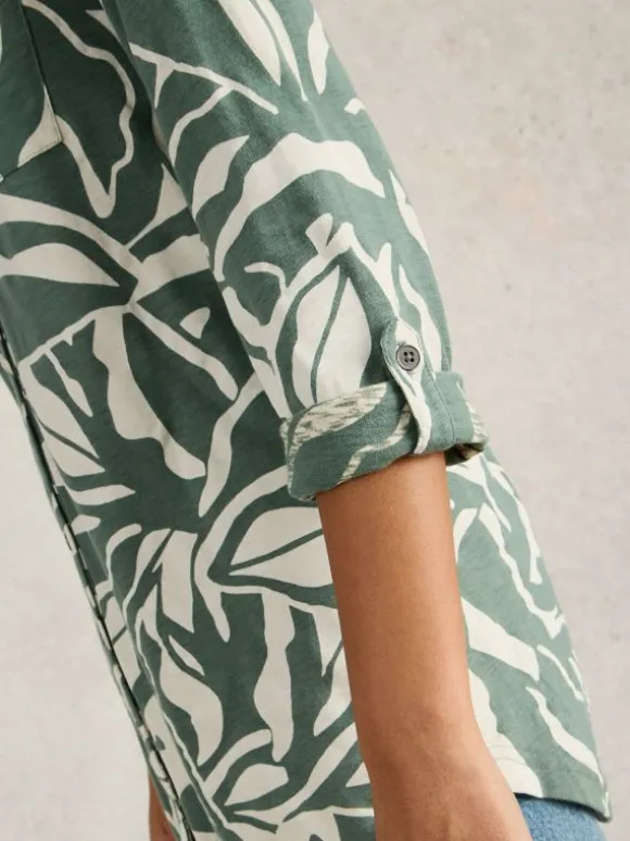 ANNIE COLLARED LONGLINE SHIRT in GREEN PRINT