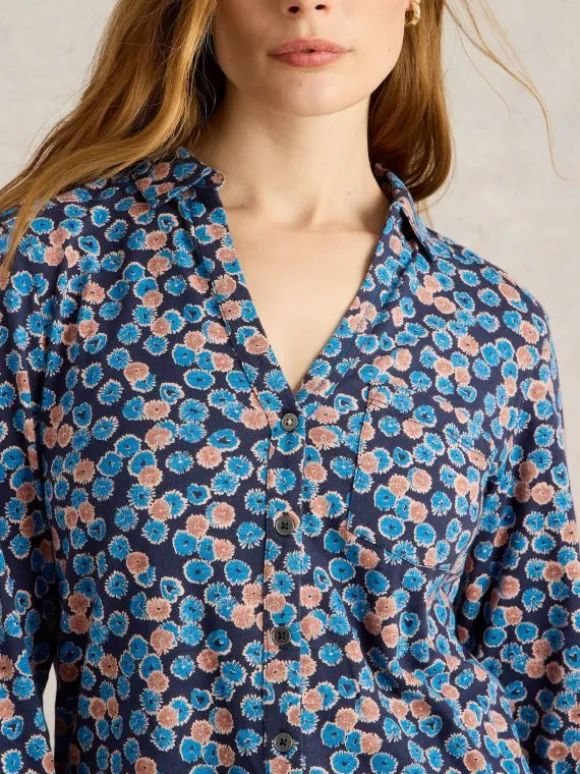 ANNIE COLLARED LONGLINE SHIRT in BLUE PRINT