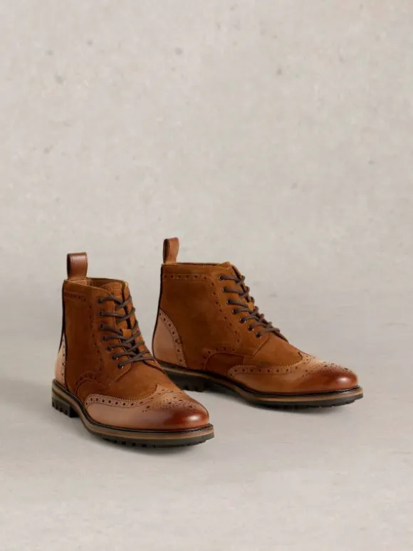 Arlo Brogue Leather Boot in MID TAN