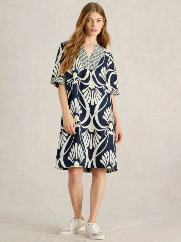 Ash Linen Dress in NAVY PRINT