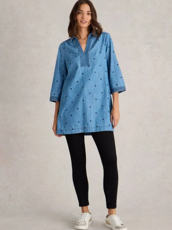 Blaire Denim Embroidered Tunic in MID DENIM