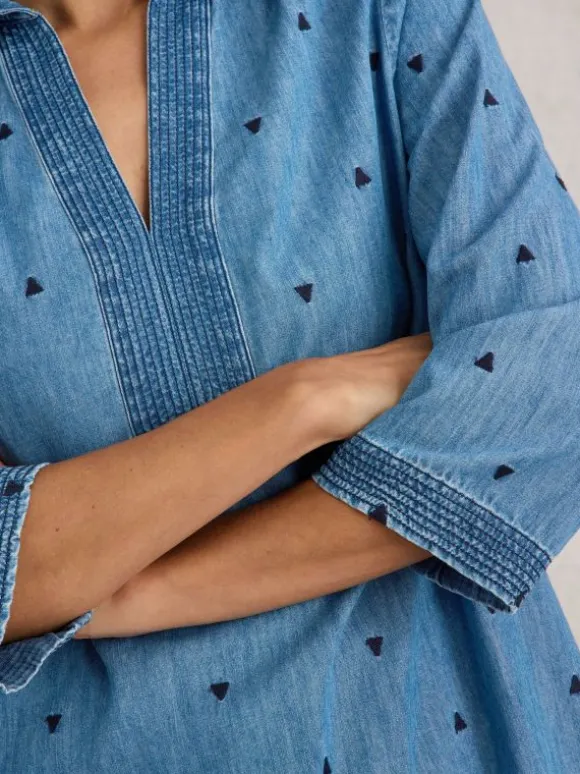 Blaire Denim Embroidered Tunic in MID DENIM