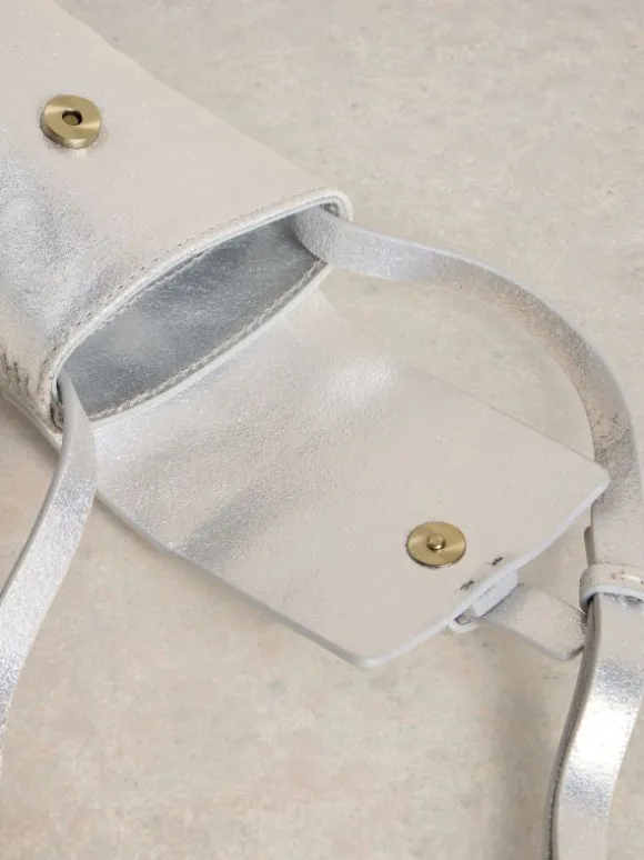 Clara Buckle Leather Phone Bag in SILVER TONE METALLIC