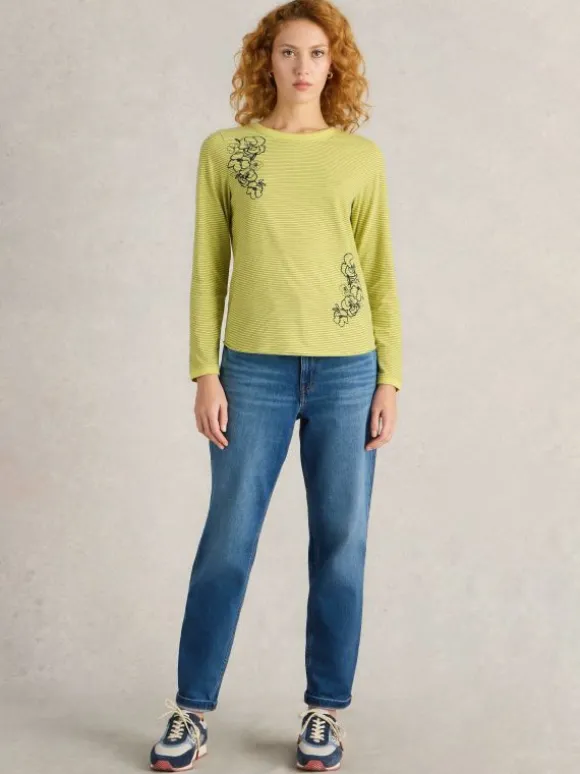 CLARA LONG SLEEVE EMBROIDERED TEE in YELLOW MULTI