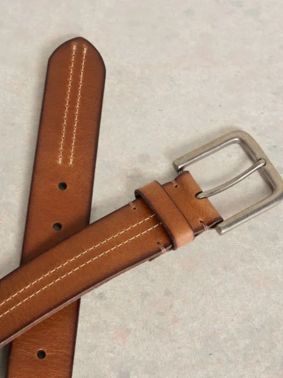 Double Stitch Leather Belt in MID TAN