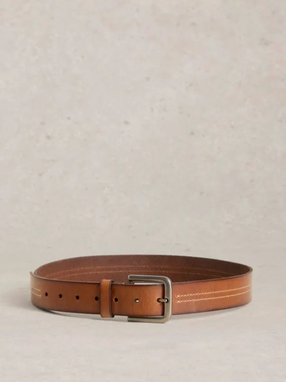 Double Stitch Leather Belt in MID TAN