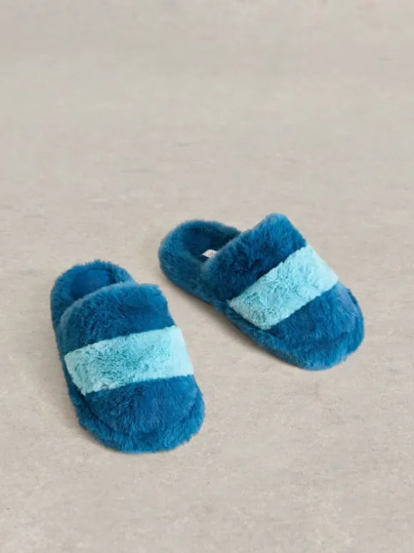 Faux Fur Mule Slippers in TEAL MULTI