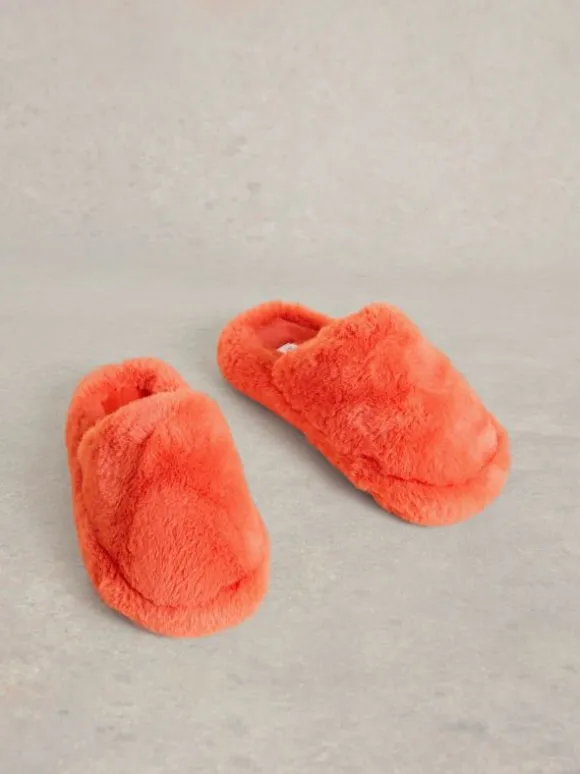 Faux Fur Mule Slippers in MID CORAL