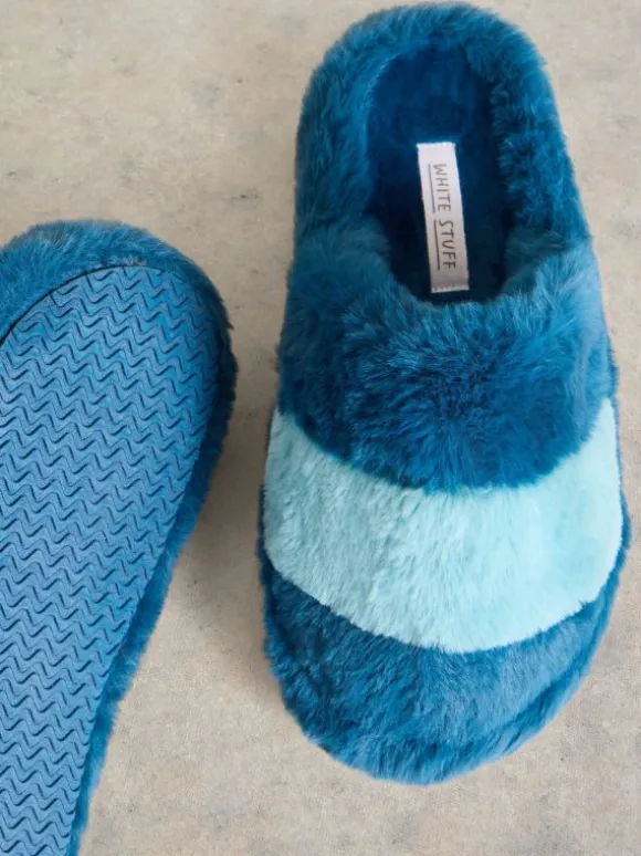 Faux Fur Mule Slippers in TEAL MULTI