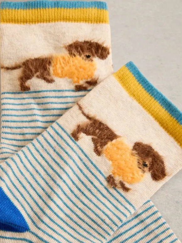 Fluffy Sausage Dog Ankle Socks in NATURAL MULTI