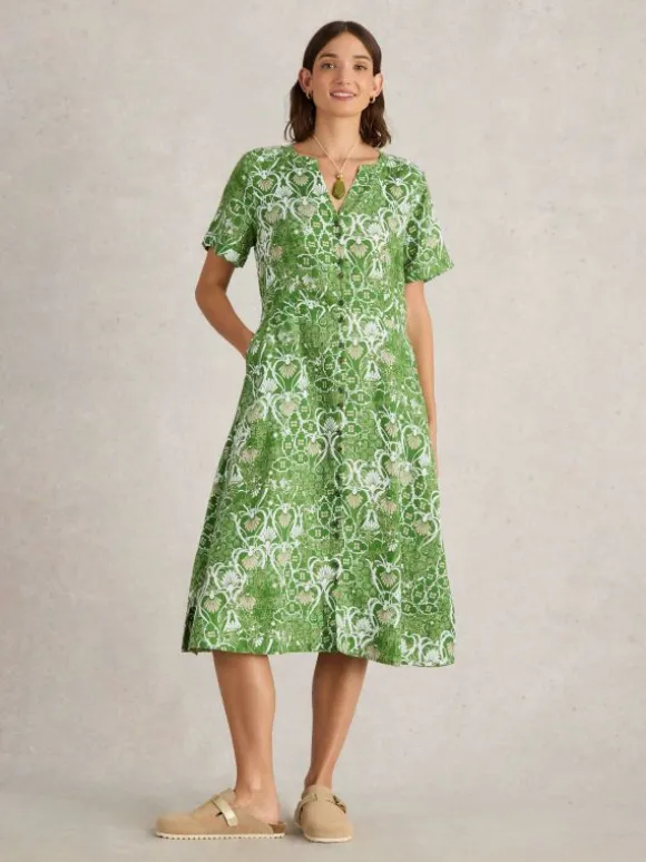 Iris Linen Dress in GREEN PRINT