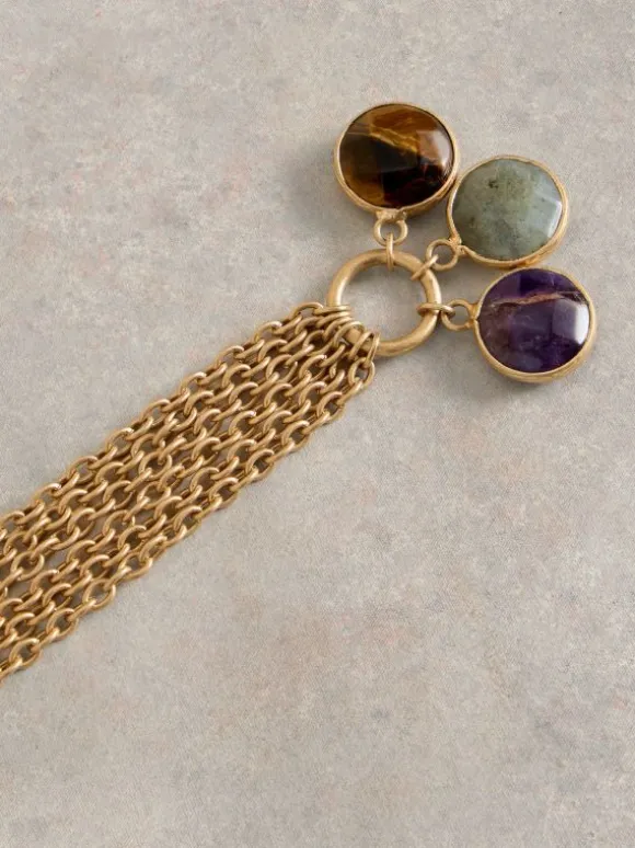 IRIS SEMI-PRECIOUS DROP STONE NECKLACE in GOLD TONE METALLIC