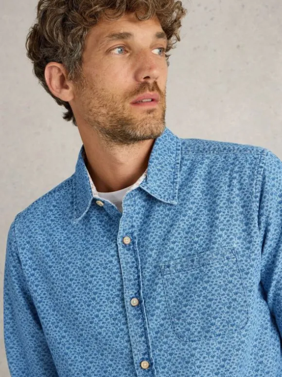 Leaf Printed Long Sleeve Shirt in CHAMBRAY BLUE