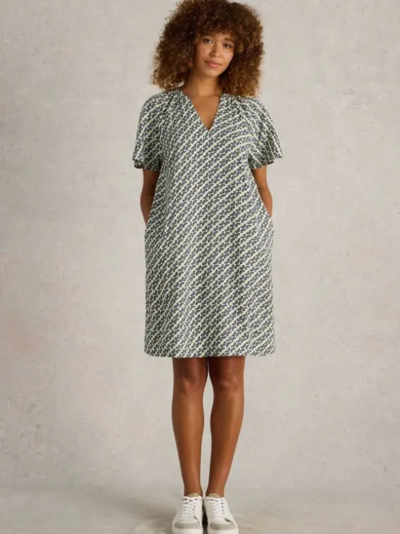 Lindsay Linen Blend Dress in IVORY PRINT