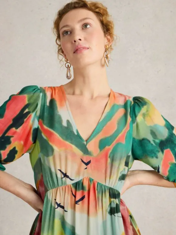 Lucy V Neck Midi Dress in GREEN MULTI