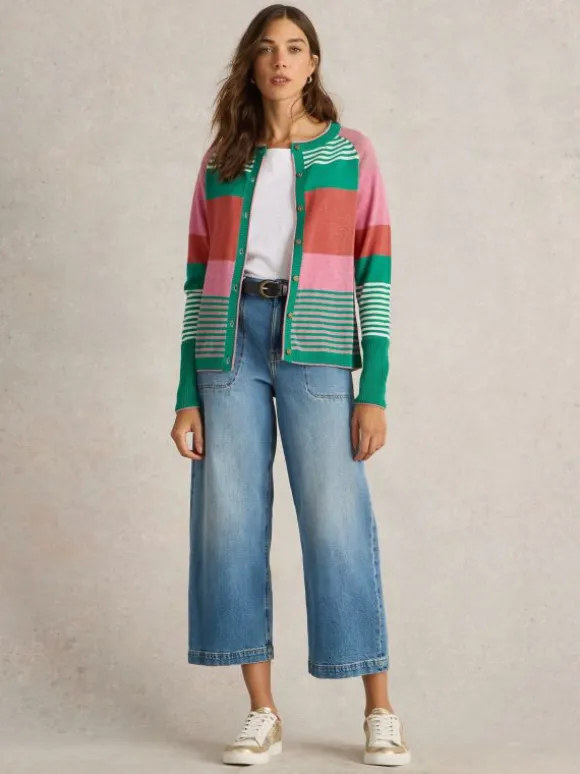 LULU STRIPE CREW NECK CARDI in PINK MULTI