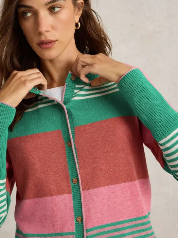 LULU STRIPE CREW NECK CARDI in PINK MULTI