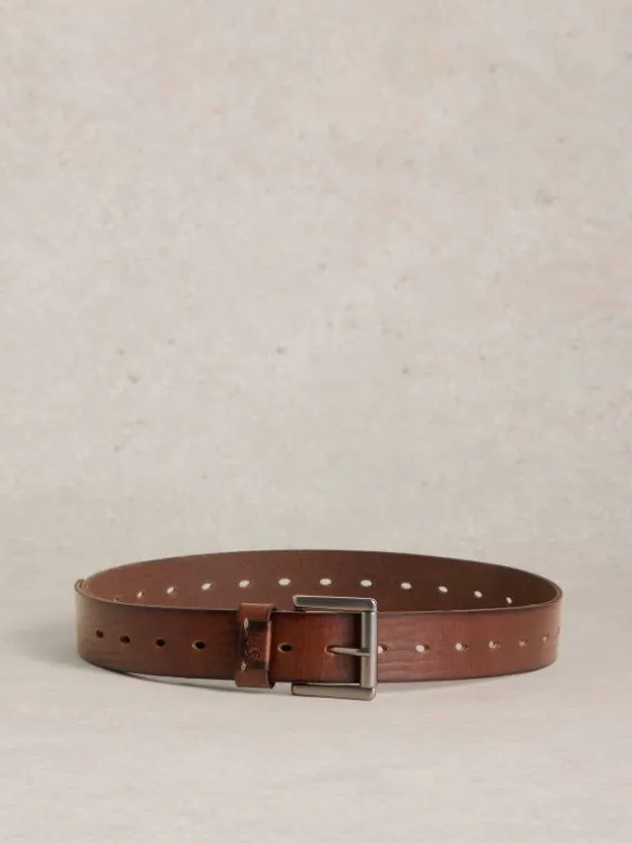 Multi Punch Leather Belt in MID BROWN