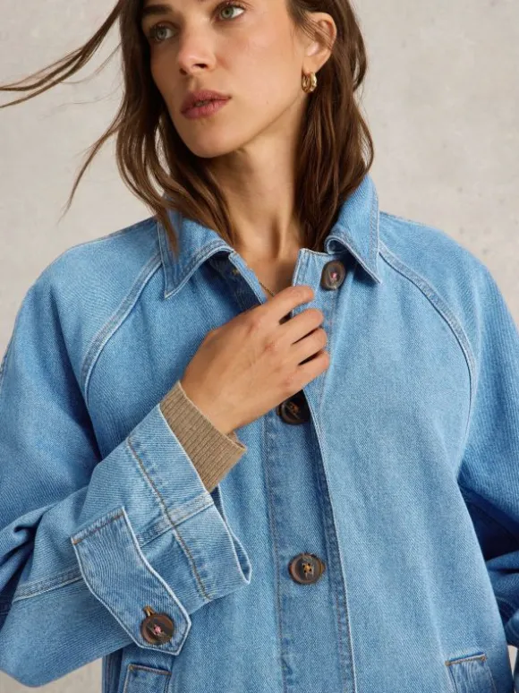 Oakleigh Denim Collared Coat in MID DENIM