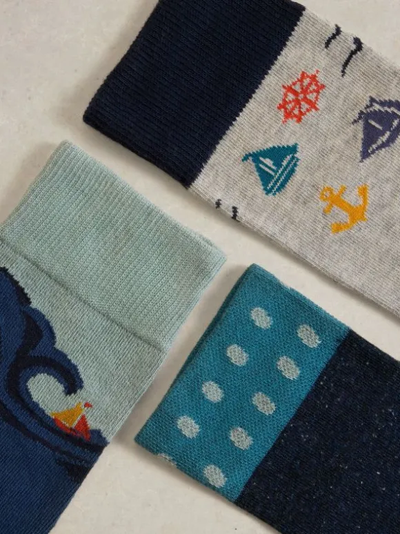 3 Pack Sail Away Socks in BLUE MULTI