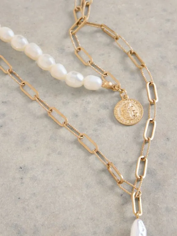 Pearl Multi Layer Necklace in GOLD TONE METALLIC