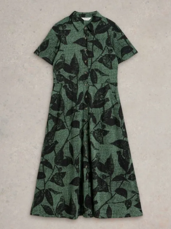 Rua Jersey Shirt Dress Midi in GREEN PRINT