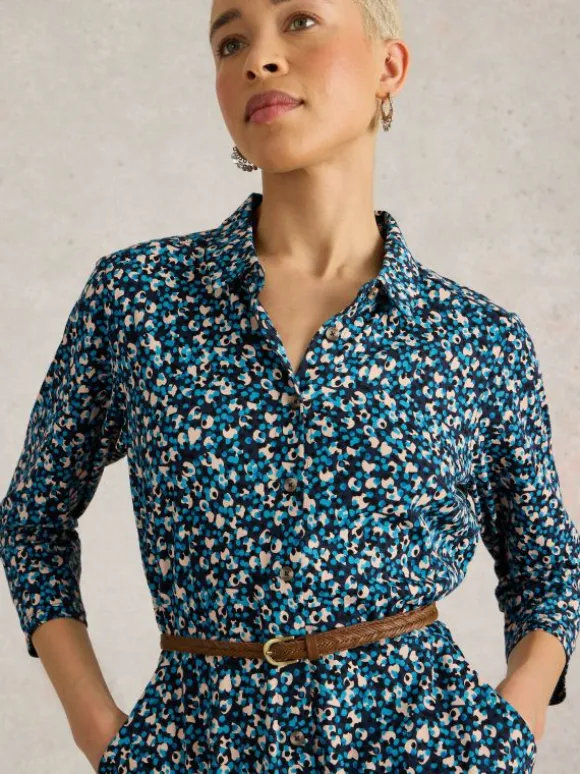 Rua Midi Jersey Shirt Dress in NAVY MULTI