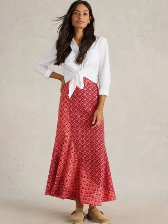 Sara Linen Blend Maxi Skirt in RED MULTI