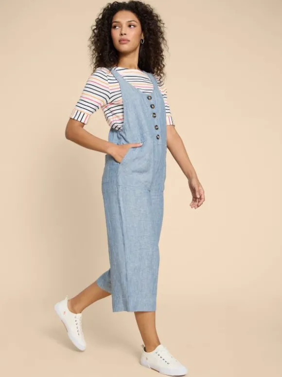 Viola Crop Linen Dungaree in CHAMBRAY BLUE