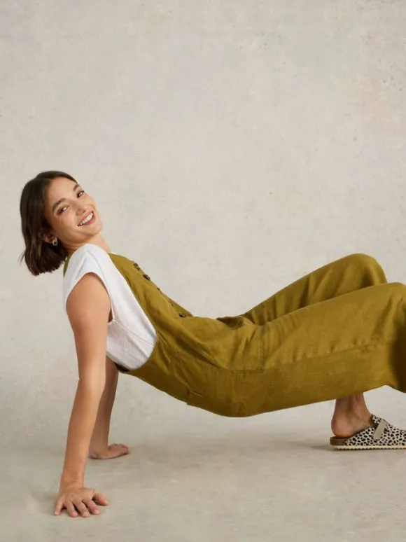 Viola Sleeveless Linen Dungaree in KHAKI GREEN