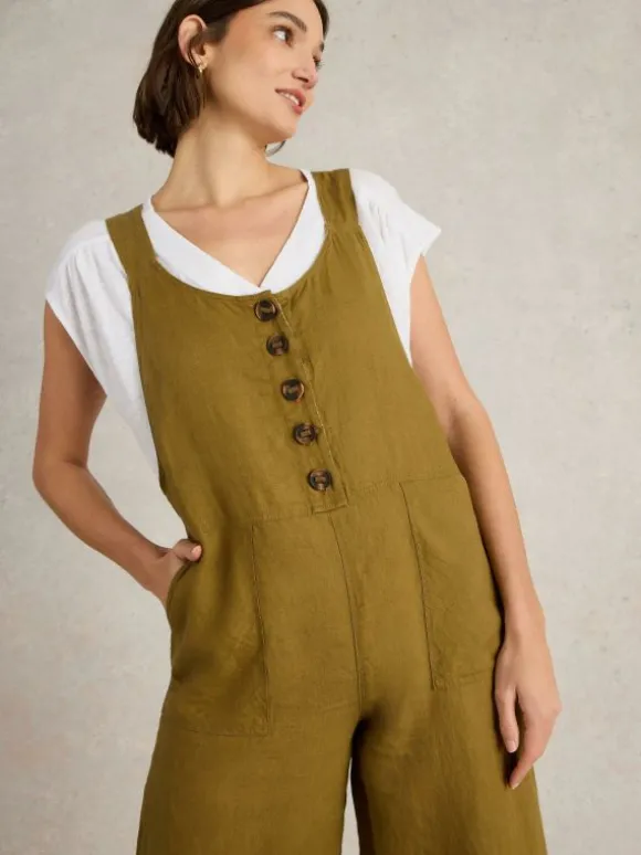 Viola Sleeveless Linen Dungaree in KHAKI GREEN